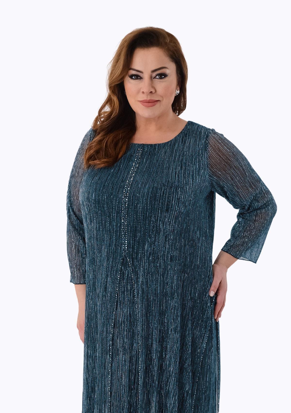 2525 Büyük Beden Jakarlı Pliseli Taş Detay Midiboy Elbise