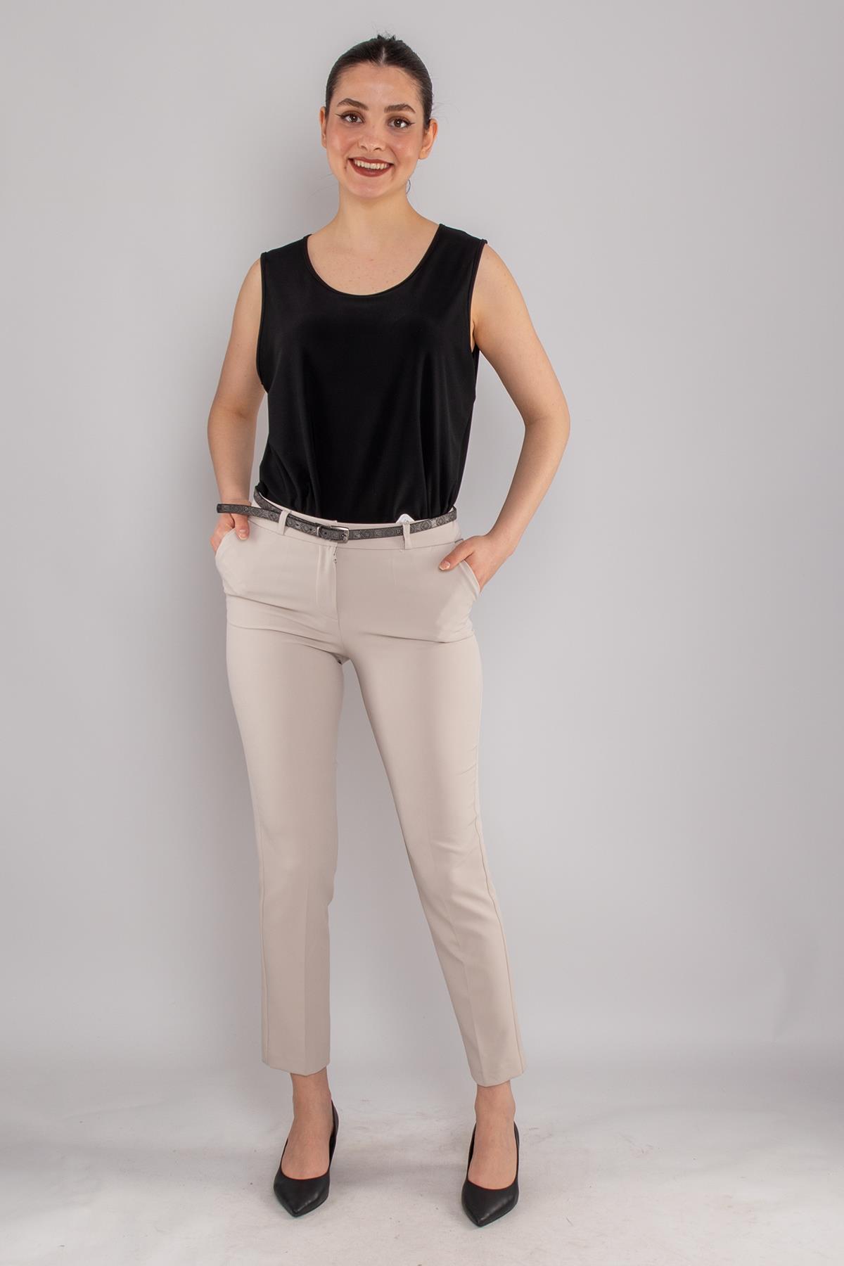 2603 Kemerli Pamulu Cepli Krep Pantolon