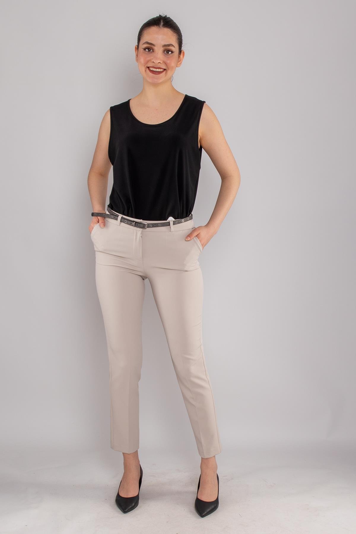 2603 Kemerli Pamulu Cepli Krep Pantolon