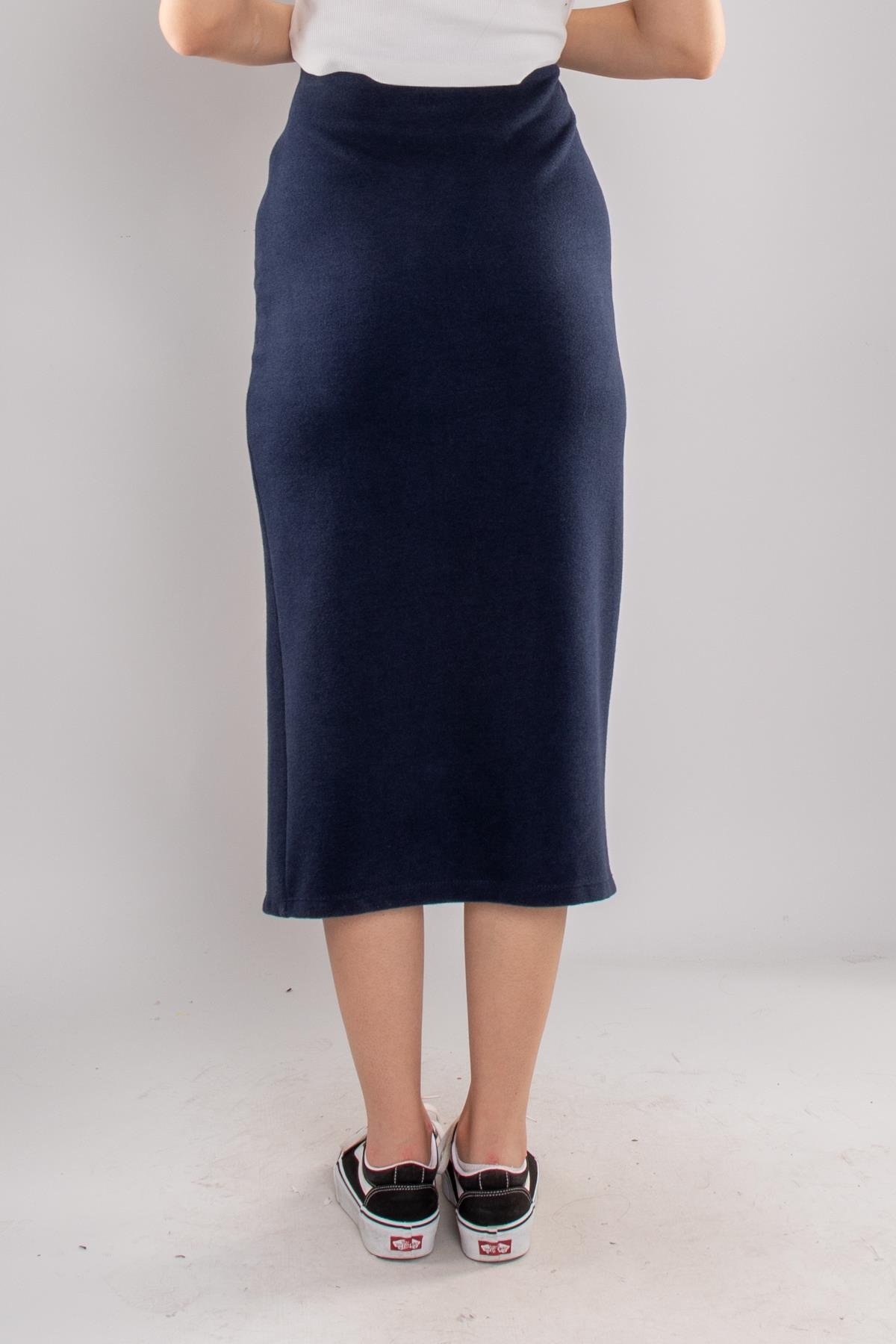 2710 Yanı Yırtmaçlı Süet Kumaş Midiboy Kadın Çan Etek