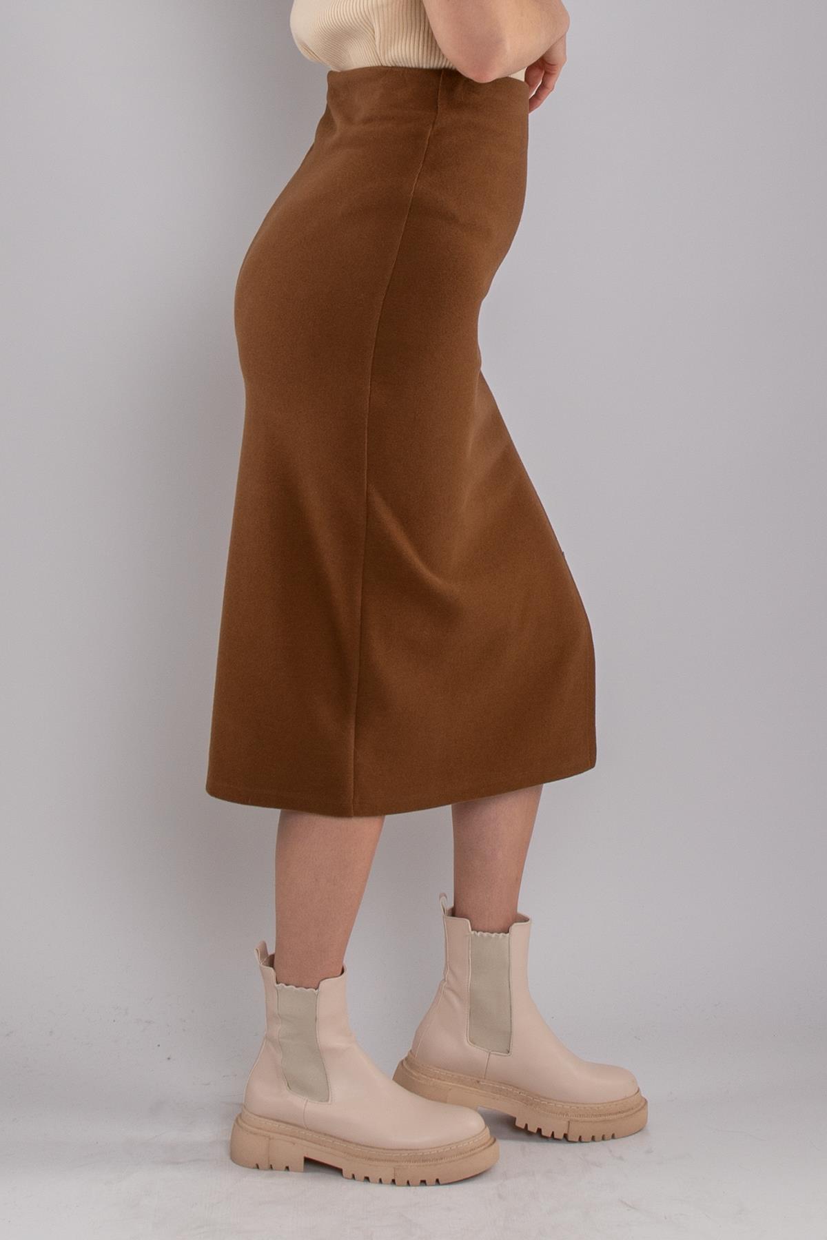 2710 Yanı Yırtmaçlı Süet Kumaş Midiboy Kadın Çan Etek