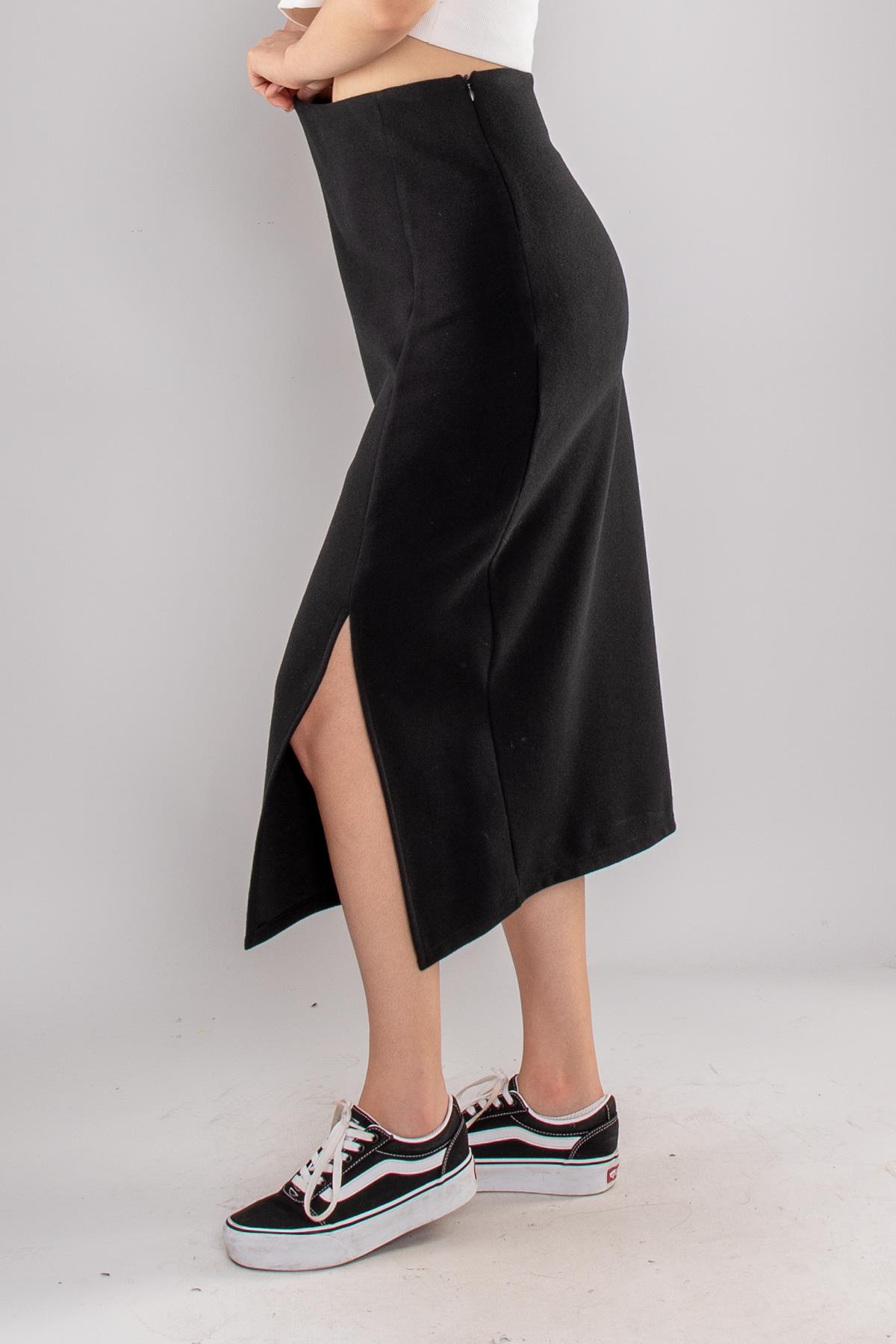 2710 Yanı Yırtmaçlı Süet Kumaş Midiboy Kadın Çan Etek