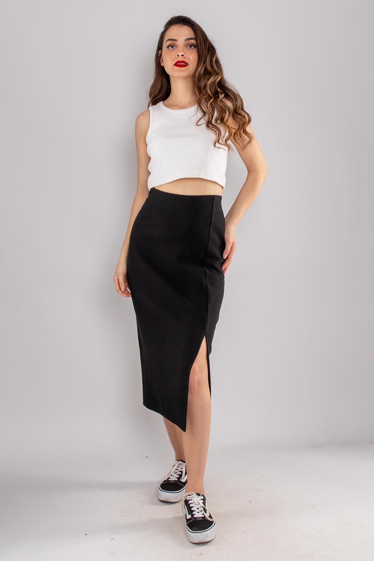 2710 Yanı Yırtmaçlı Süet Kumaş Midiboy Kadın Çan Etek