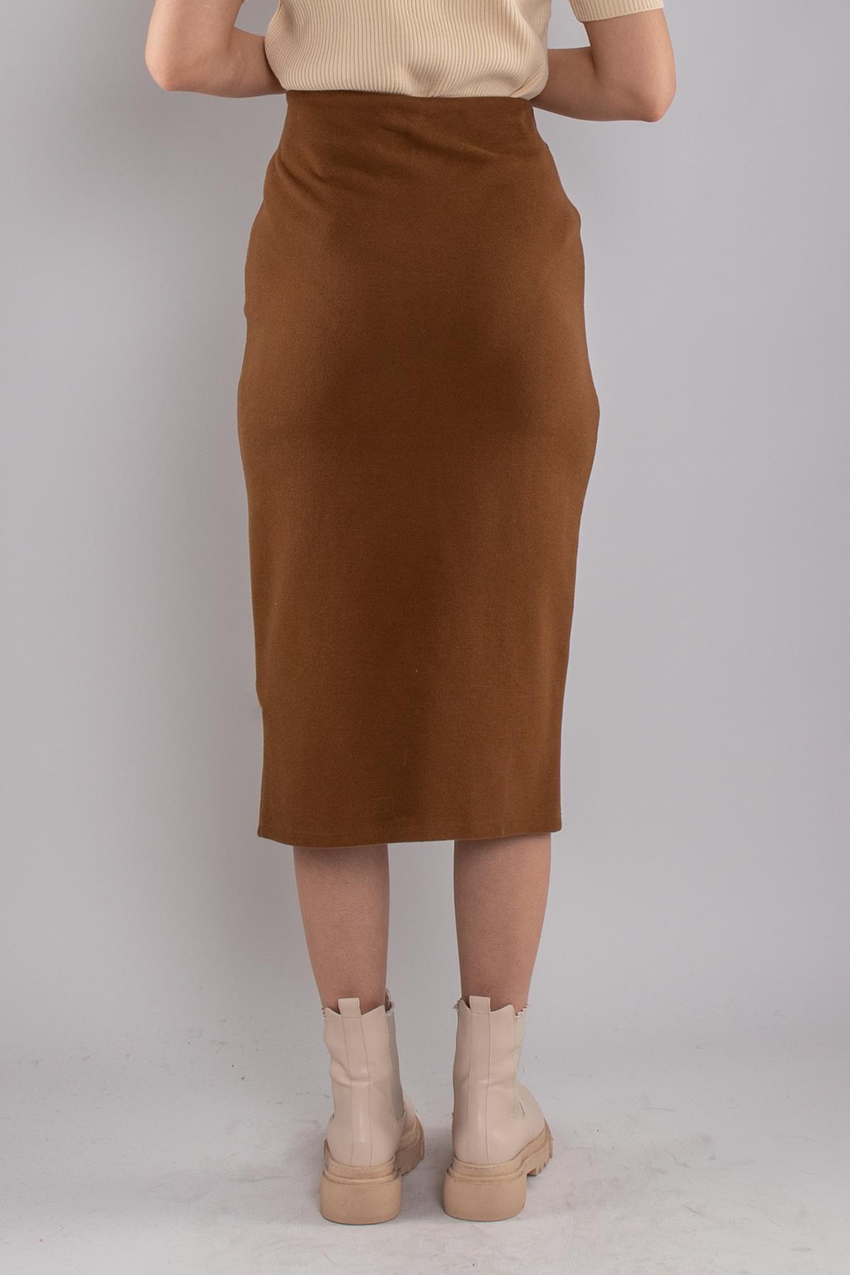 2710 Yanı Yırtmaçlı Süet Kumaş Midiboy Kadın Çan Etek