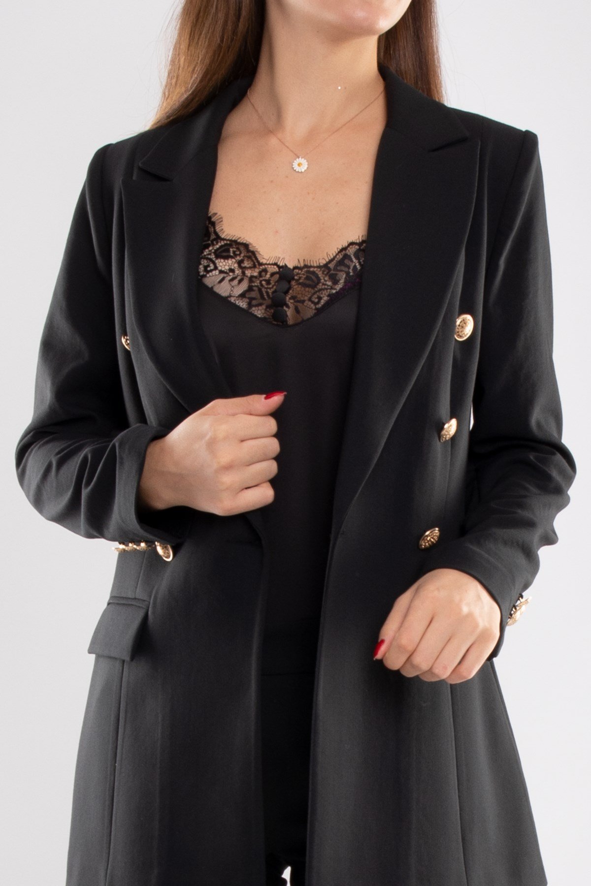 2770 Kolu Önü Gold Düğmeli Atlas Kumaş Ceket Pantolon Kombin Takım