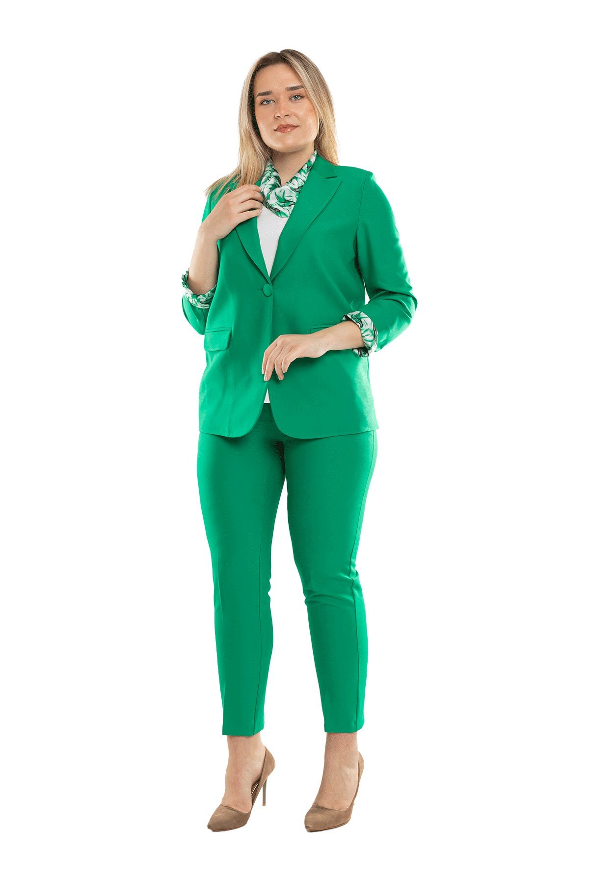 2822 Büyük Beden Fularlı Kadın Pantolon Ceket Takım