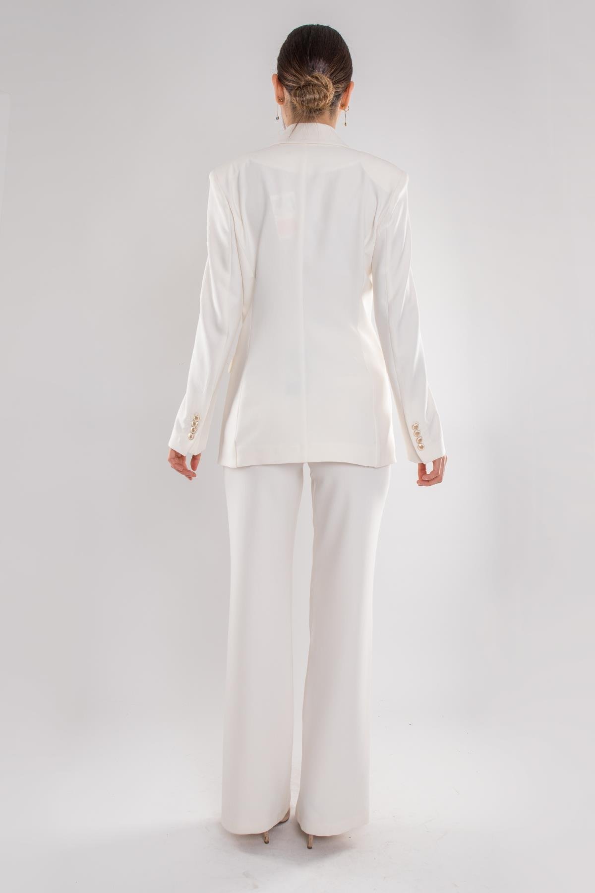 2927 Gold Düğme Ceketli Palazzo Pantolon Krep İkili Takım