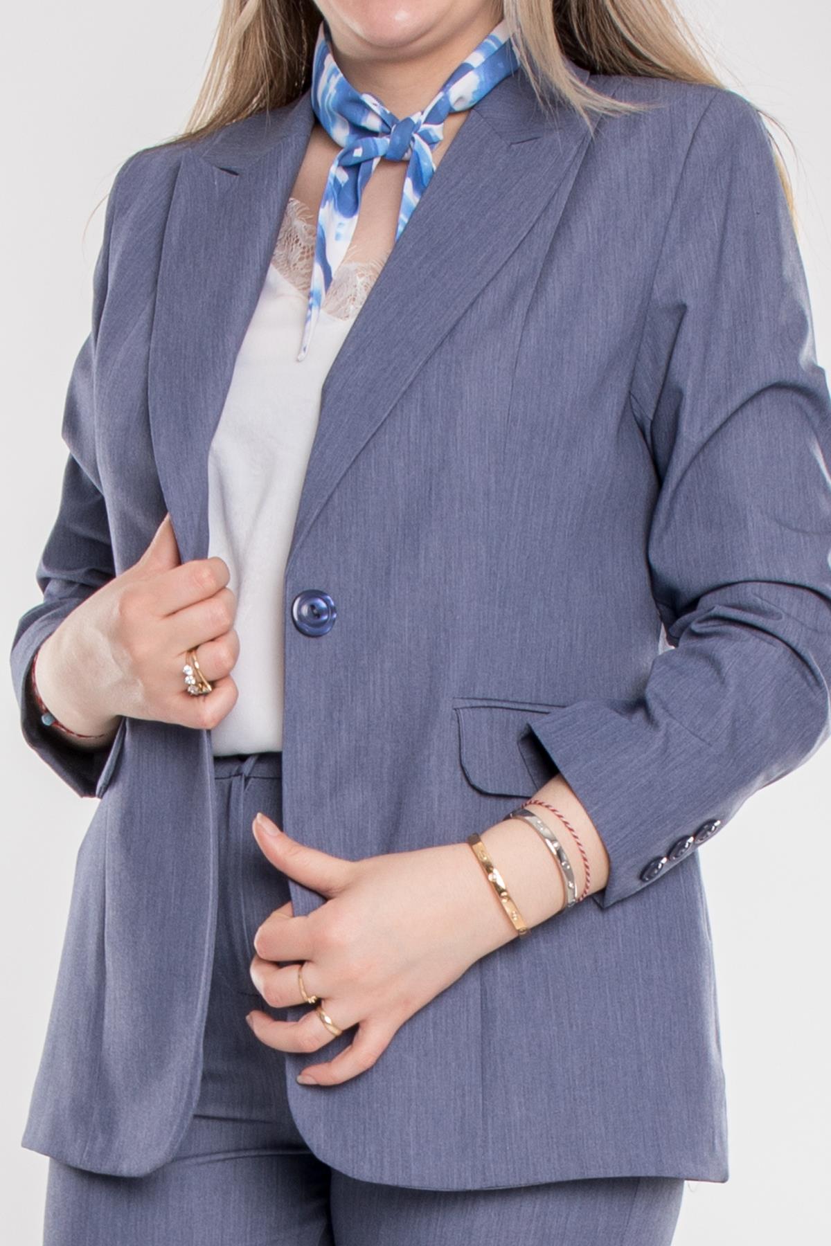 2930 Büyük Beden Tek Düğme Fularlı Pantolonlu İkili Krep Takım