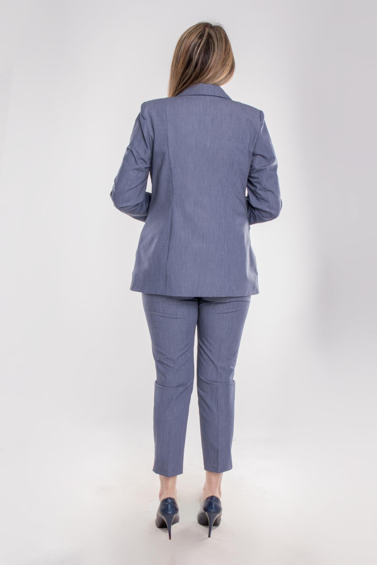 2930 Büyük Beden Tek Düğme Fularlı Pantolonlu İkili Krep Takım