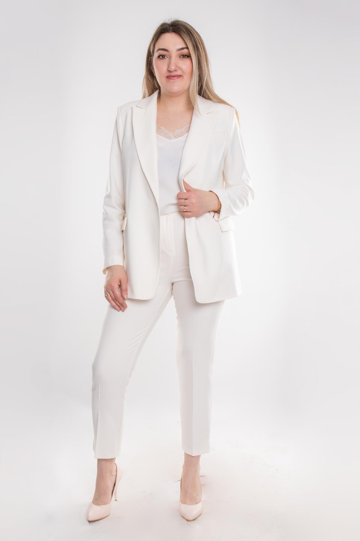 2934 Büyük Beden Tek Düğme Pantolon Ceket İkili Krep Takım