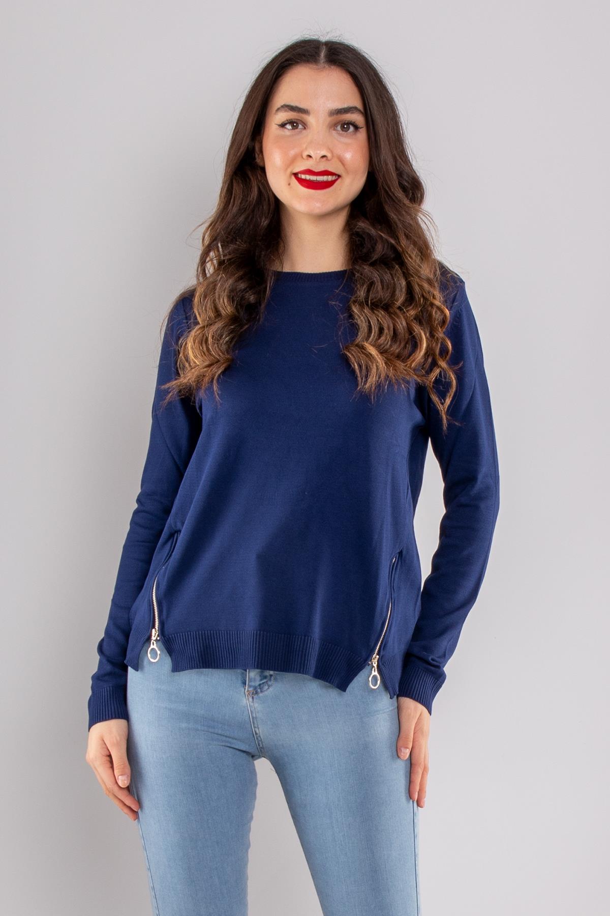 296 Bisiklet Yaka Yanları Fermuarlı Kadın Triko