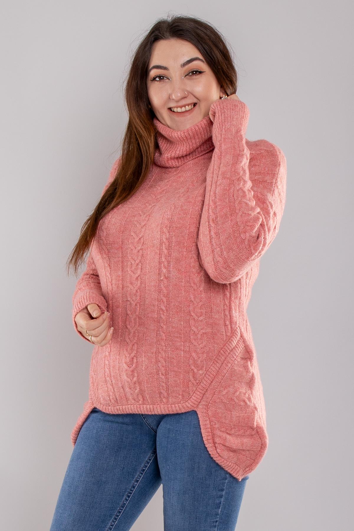 2IZ02 İzmir Saç Örgü Eteği Detaylı Balıkçı Yaka Kazak