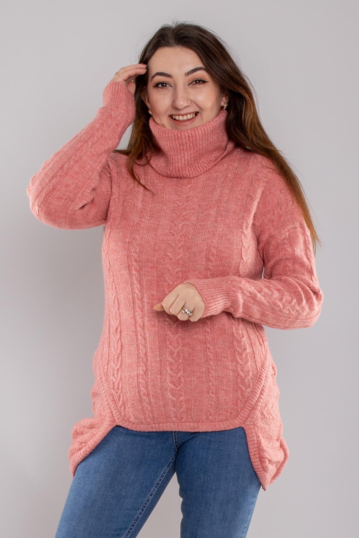 2IZ02 İzmir Saç Örgü Eteği Detaylı Balıkçı Yaka Kazak