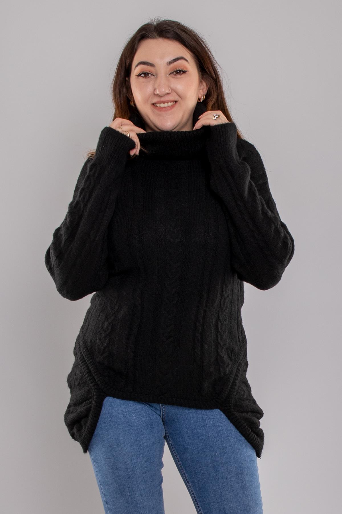 2IZ02 İzmir Saç Örgü Eteği Detaylı Balıkçı Yaka Kazak