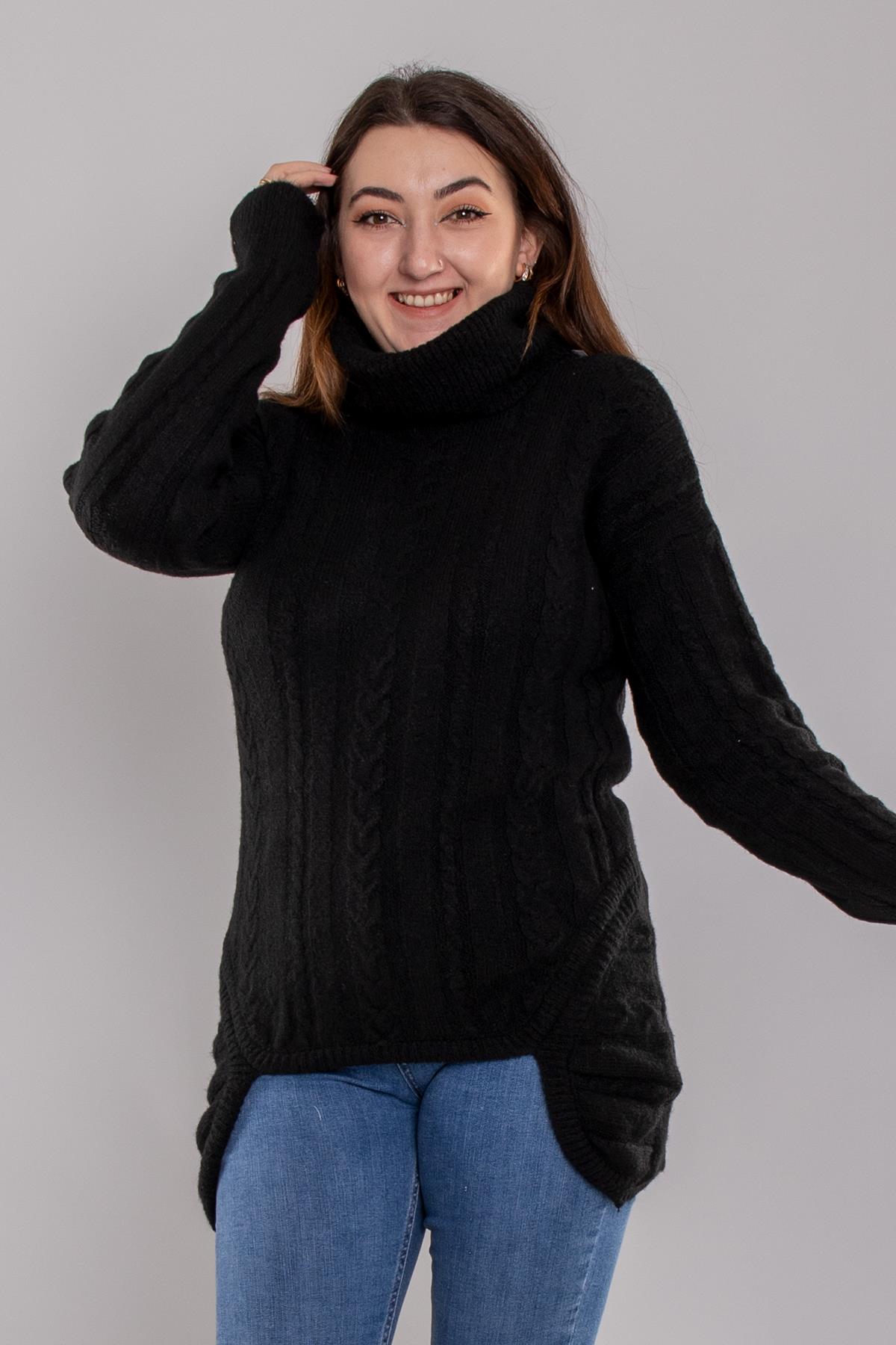 2IZ02 İzmir Saç Örgü Eteği Detaylı Balıkçı Yaka Kazak