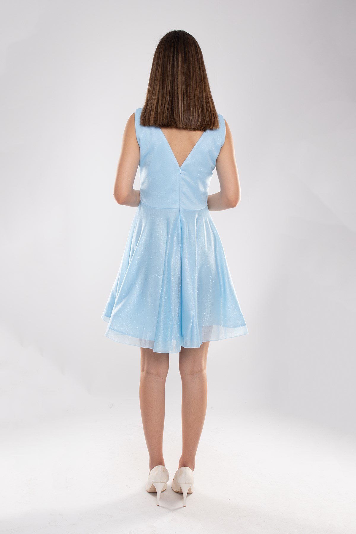 3012 Kruvaze Yaka Çan Etek Simli Kısa Abiye Elbise