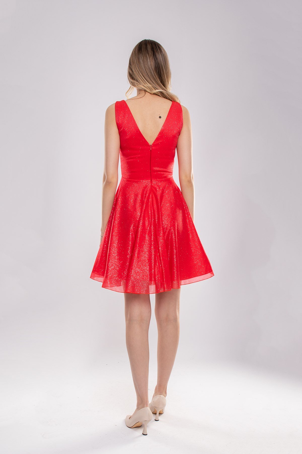 3012 Kruvaze Yaka Çan Etek Simli Kısa Abiye Elbise