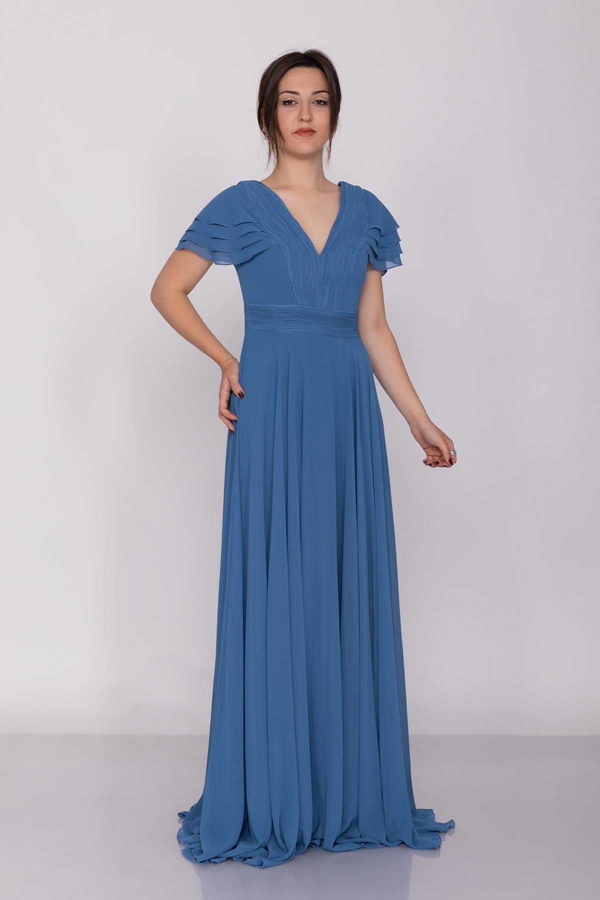 3022 Yaka Bel İnce Drape Mendil Kol Şifon Uzun Abiye