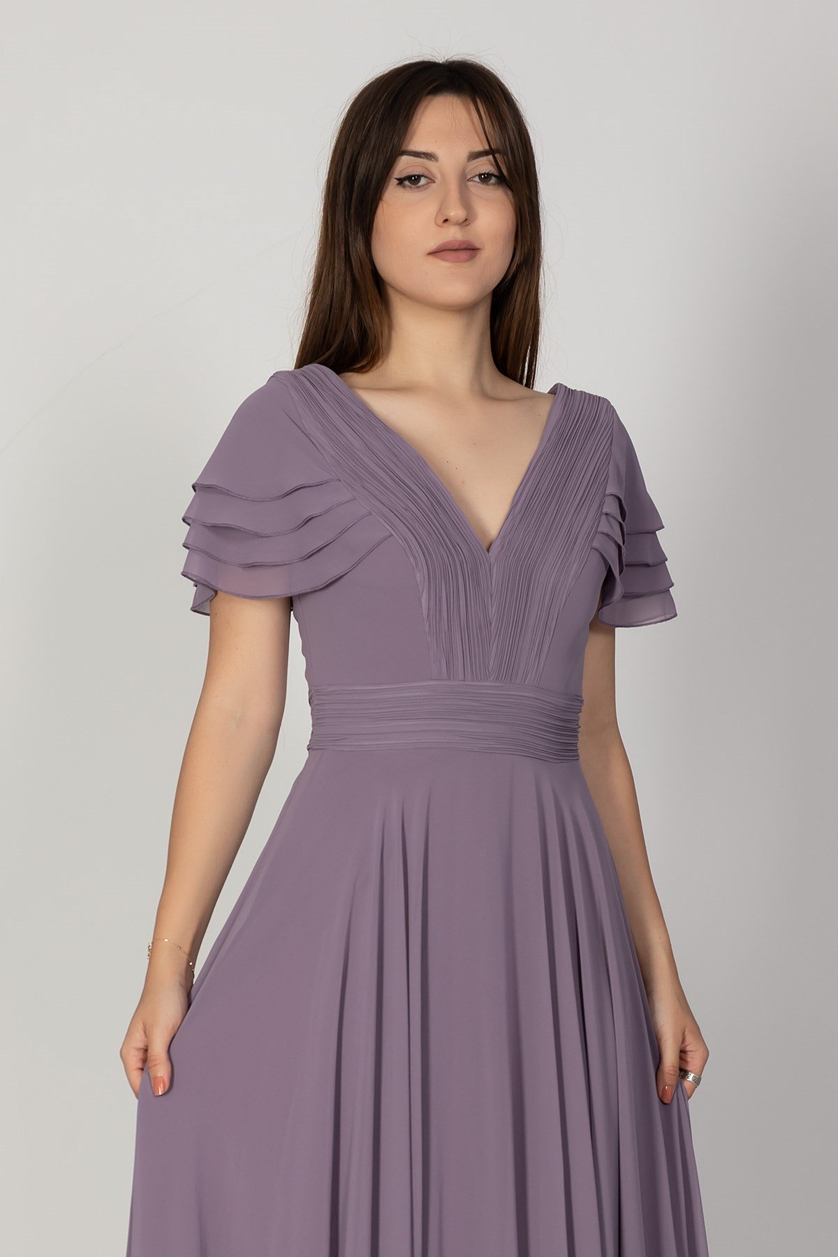 3022 Yaka Bel İnce Drape Mendil Kol Şifon Uzun Abiye