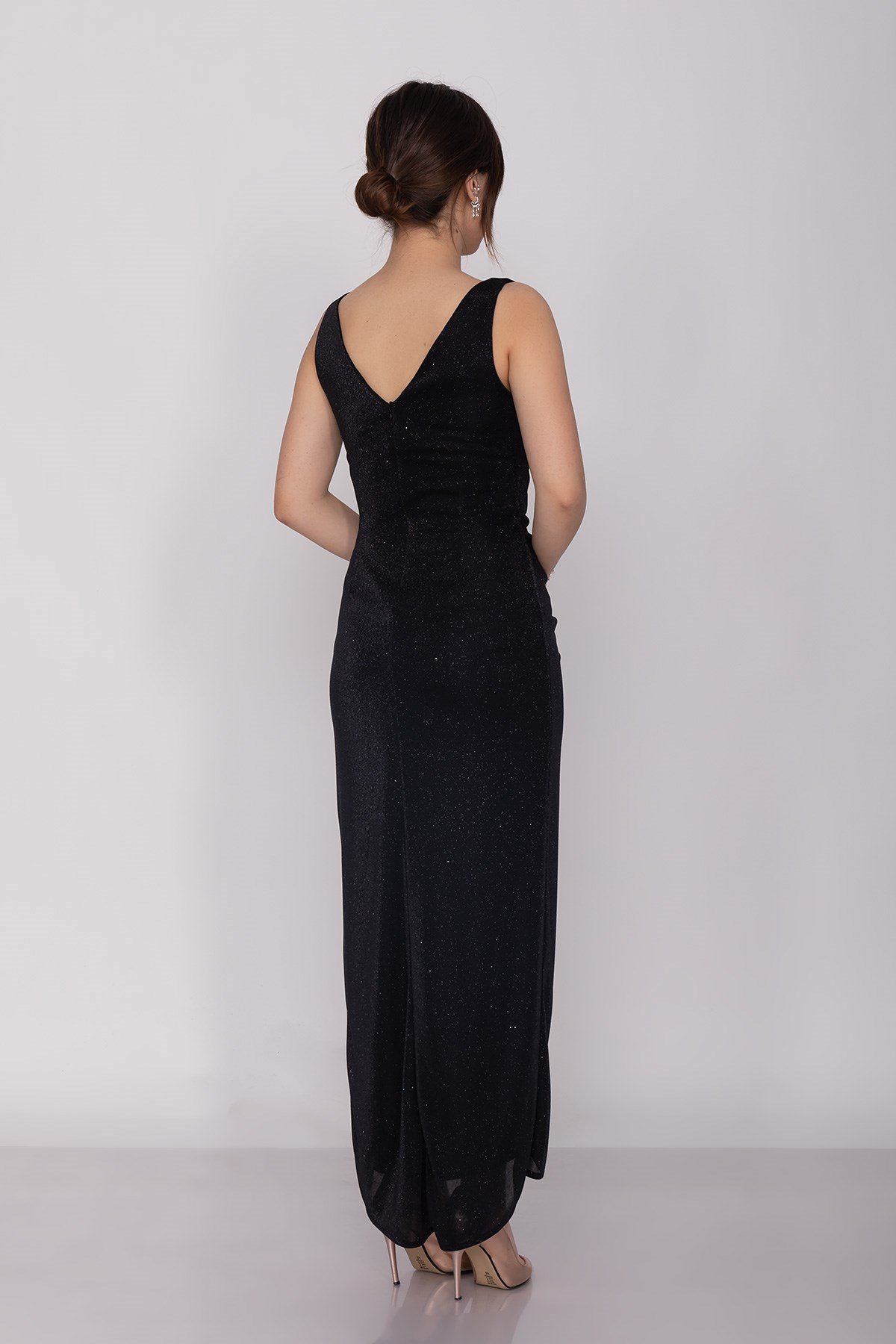 3032 Kruvaze Yaka Beli Drapeli Eteği Asimetrik Sim Abiye