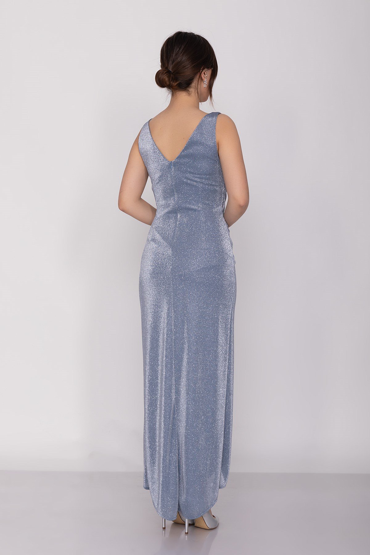 3032 Kruvaze Yaka Beli Drapeli Eteği Asimetrik Sim Abiye