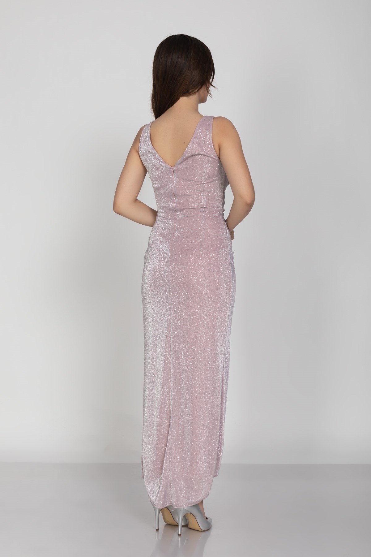 3032 Kruvaze Yaka Beli Drapeli Eteği Asimetrik Sim Abiye