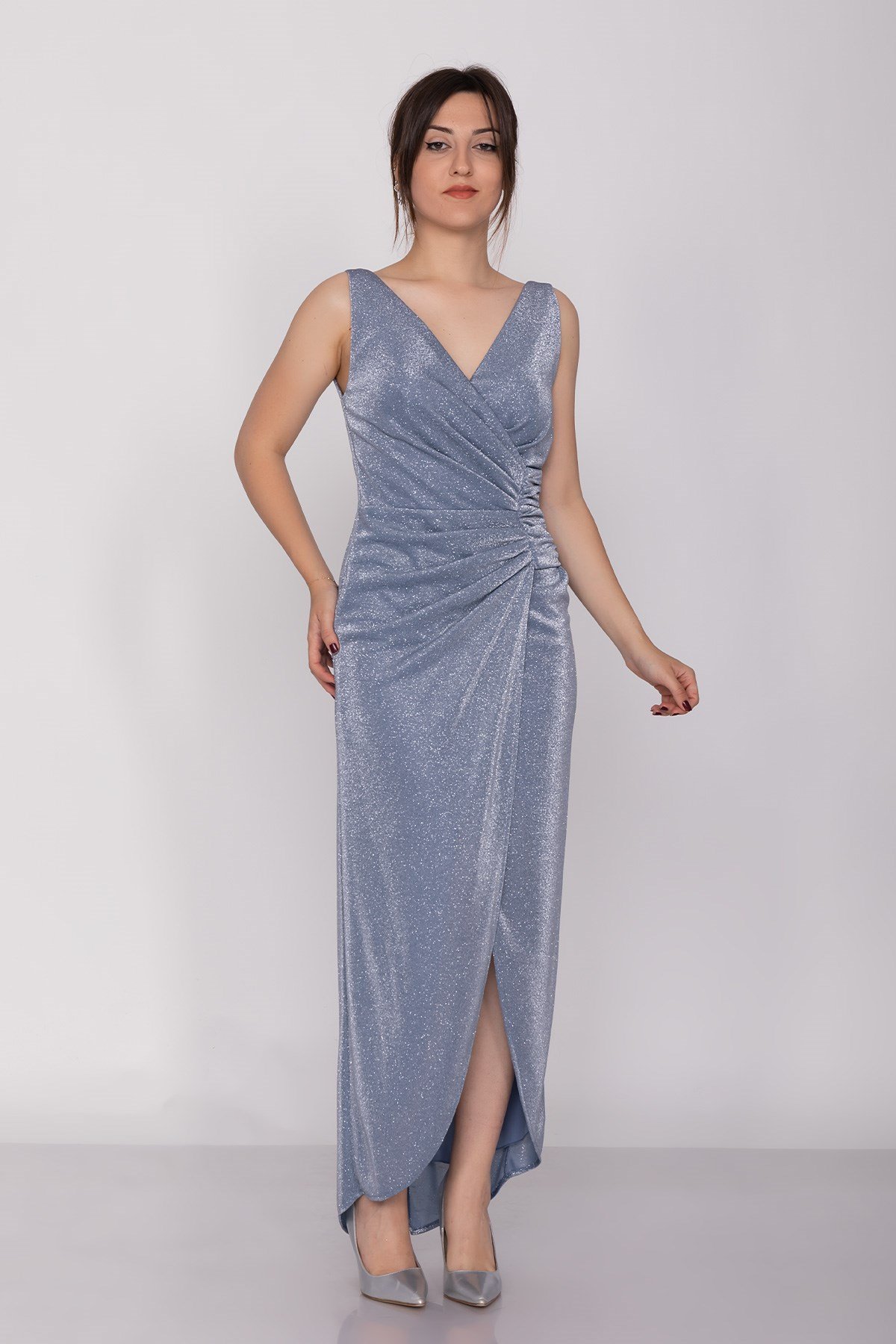 3032 Kruvaze Yaka Beli Drapeli Eteği Asimetrik Sim Abiye