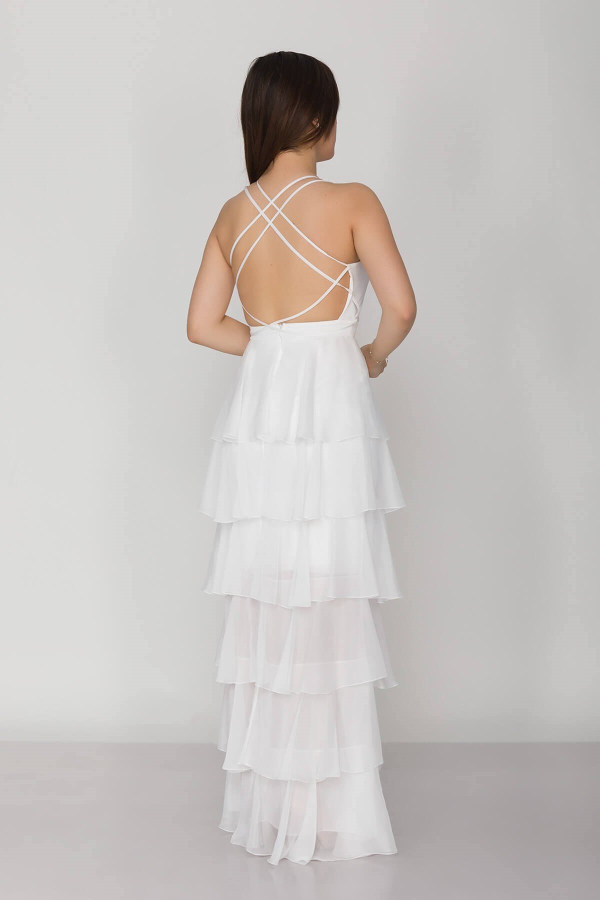 3039 KB Sırtı Çapraz İpli Eteği Katkat Kristal Şifon Uzun Elbise