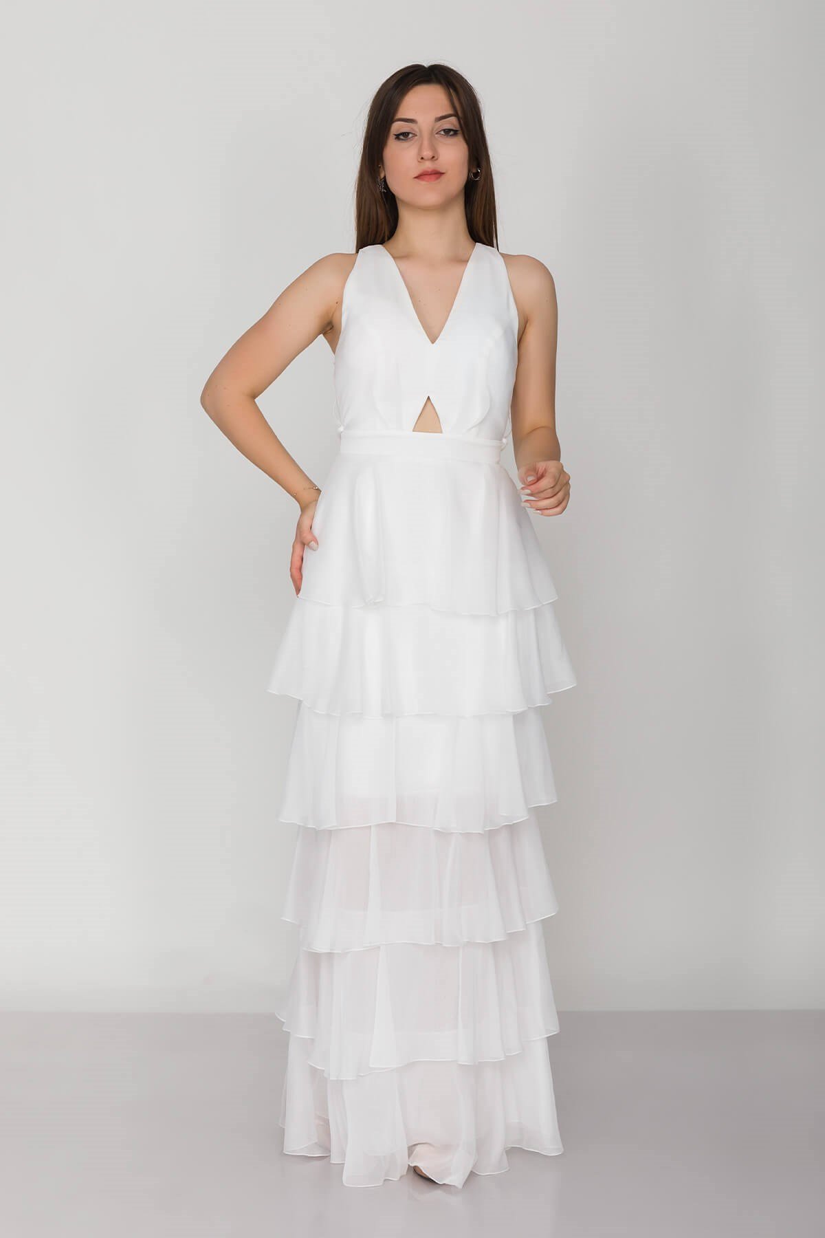 3039 KB Sırtı Çapraz İpli Eteği Katkat Kristal Şifon Uzun Elbise