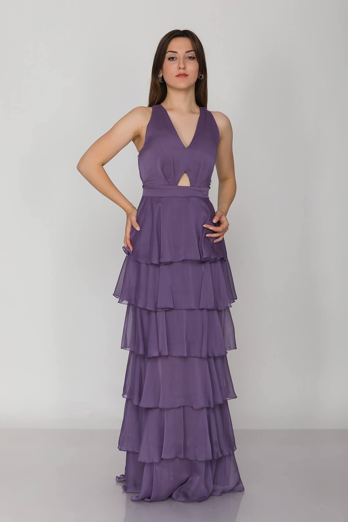 3039 KB Sırtı Çapraz İpli Eteği Katkat Kristal Şifon Uzun Elbise