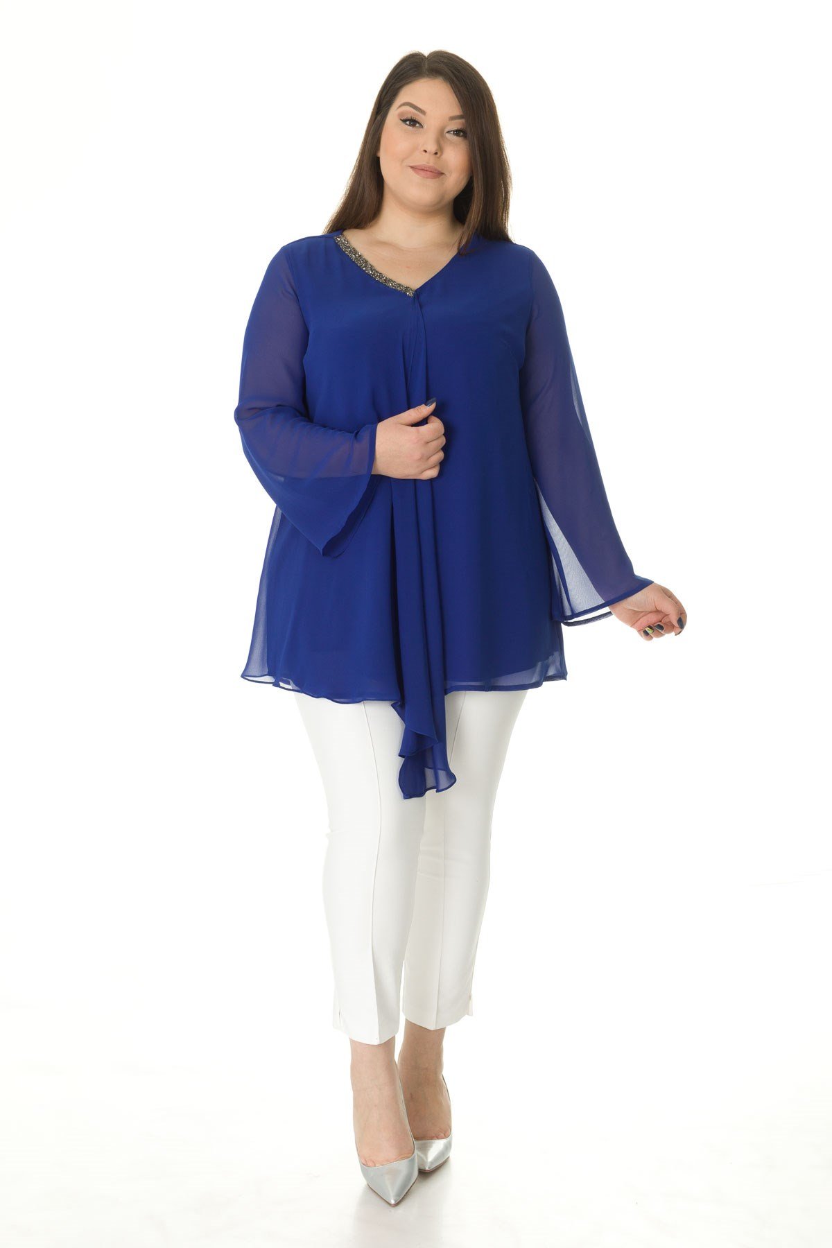 304 BB V Yaka Patı Taşlı Şifon Tunik