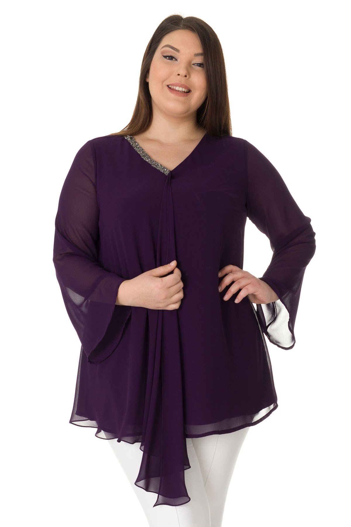 304 BB V Yaka Patı Taşlı Şifon Tunik