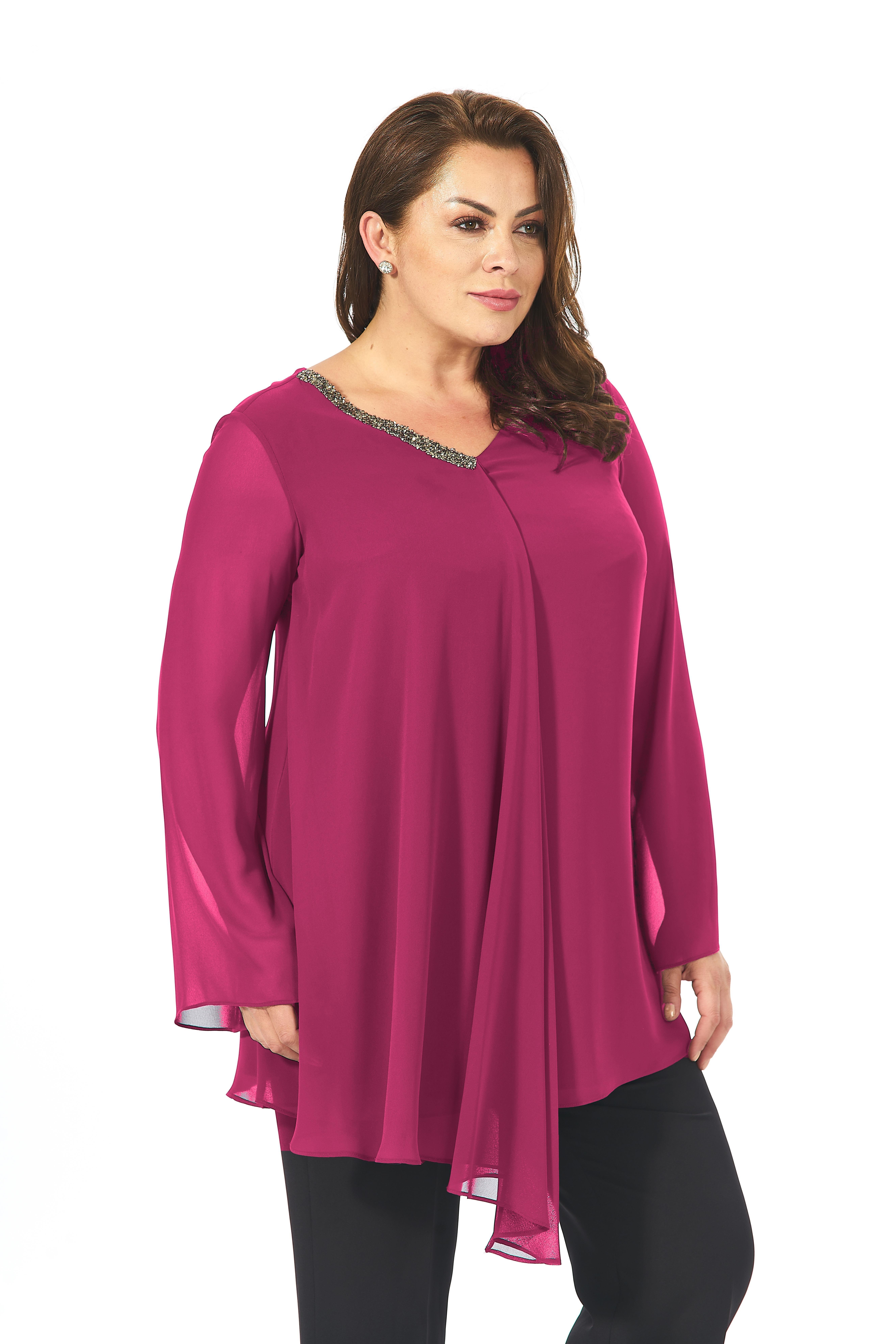 304 Büyük Beden VYaka Patı Taşlı Şifon Tunik