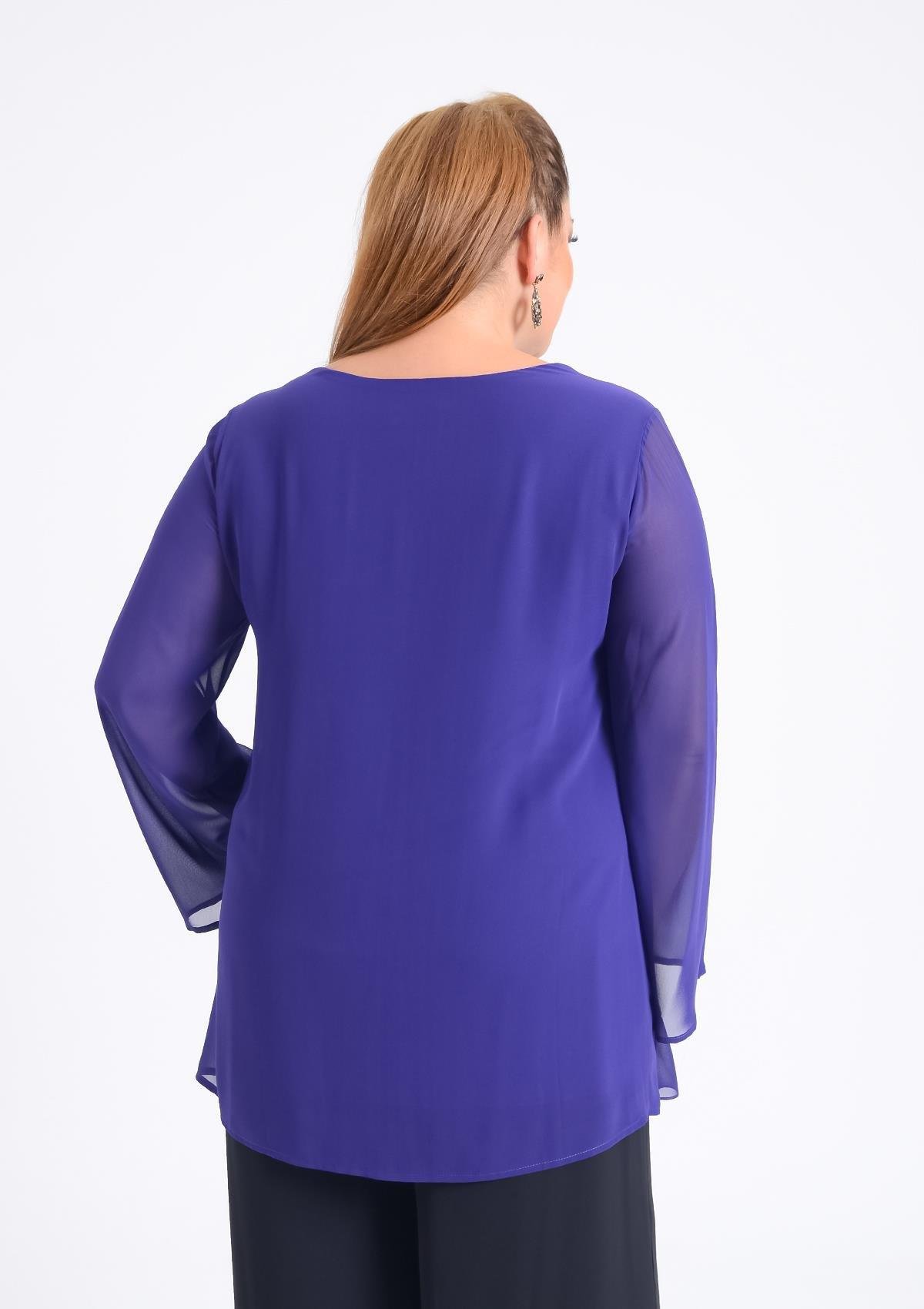 304 Büyük Beden VYaka Patı Taşlı Şifon Tunik