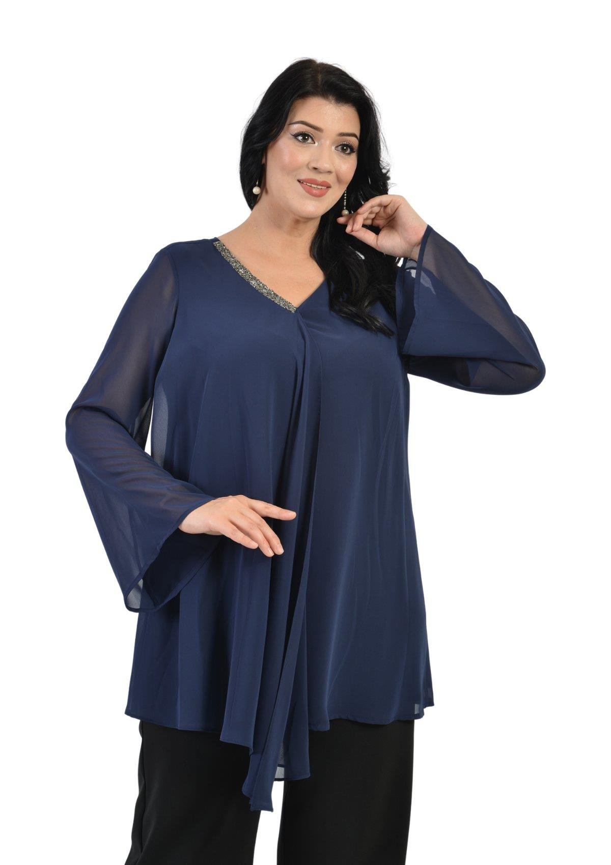 304 Büyük Beden VYaka Patı Taşlı Şifon Tunik