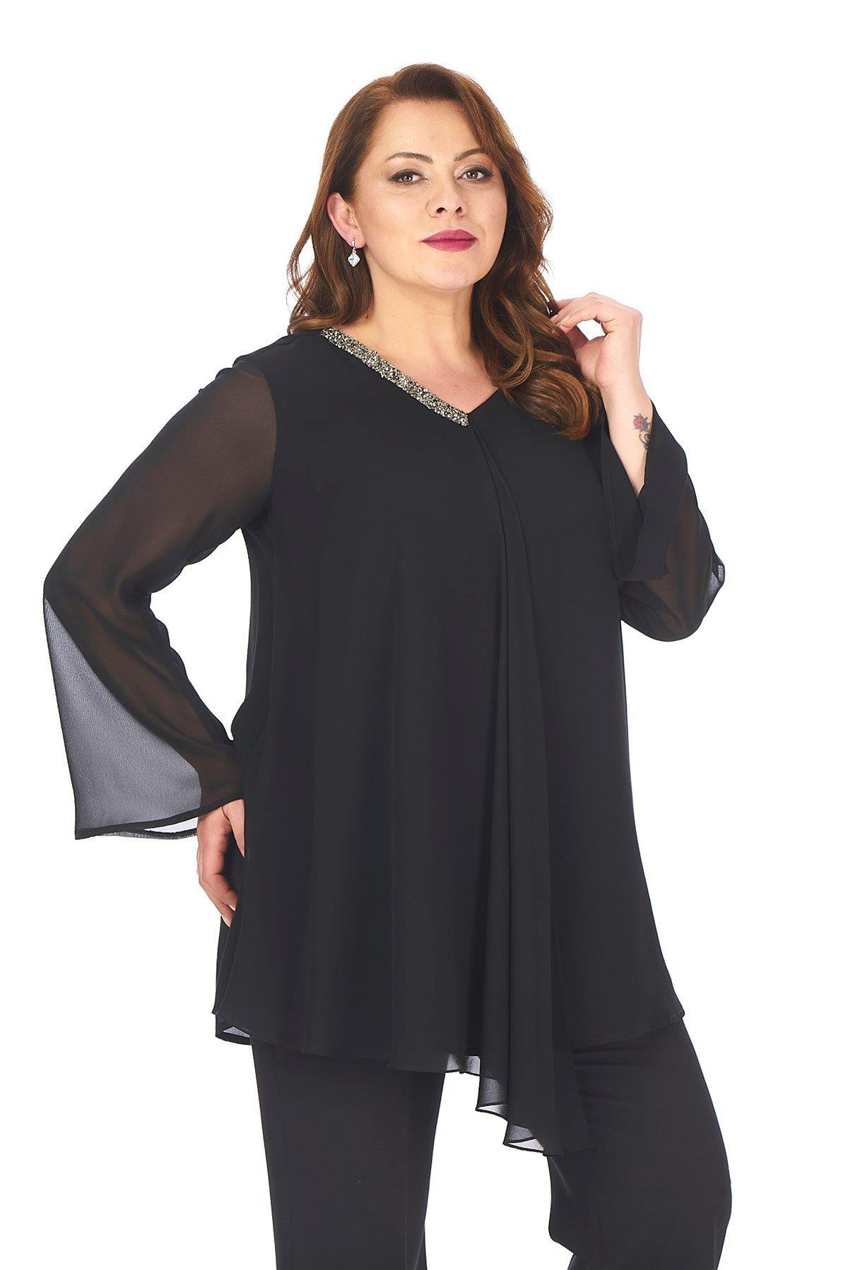 304 Büyük Beden VYaka Patı Taşlı Şifon Tunik