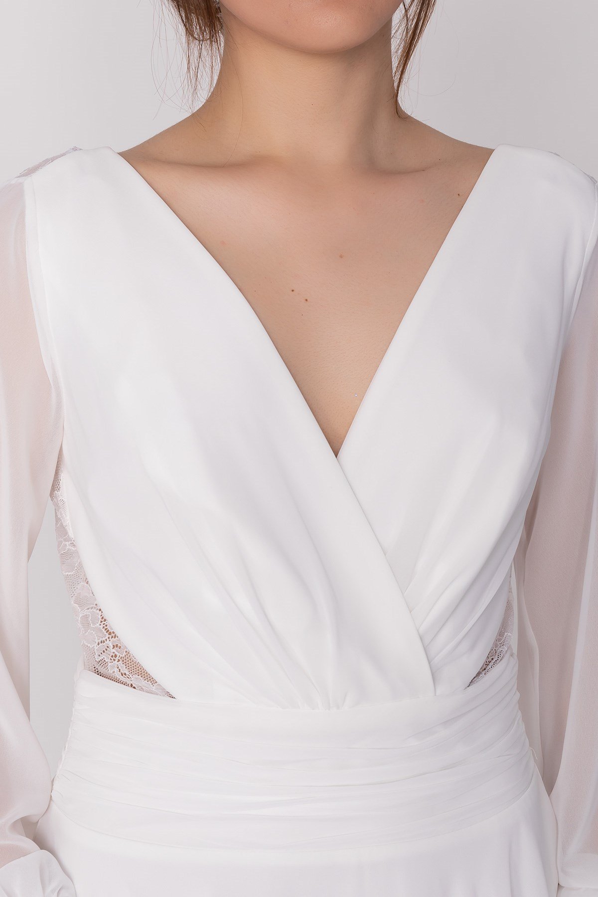 3043 Kruvaze Yaka Bel Sırt Dantel Uzun Kol Şifon Midiboy Elbise