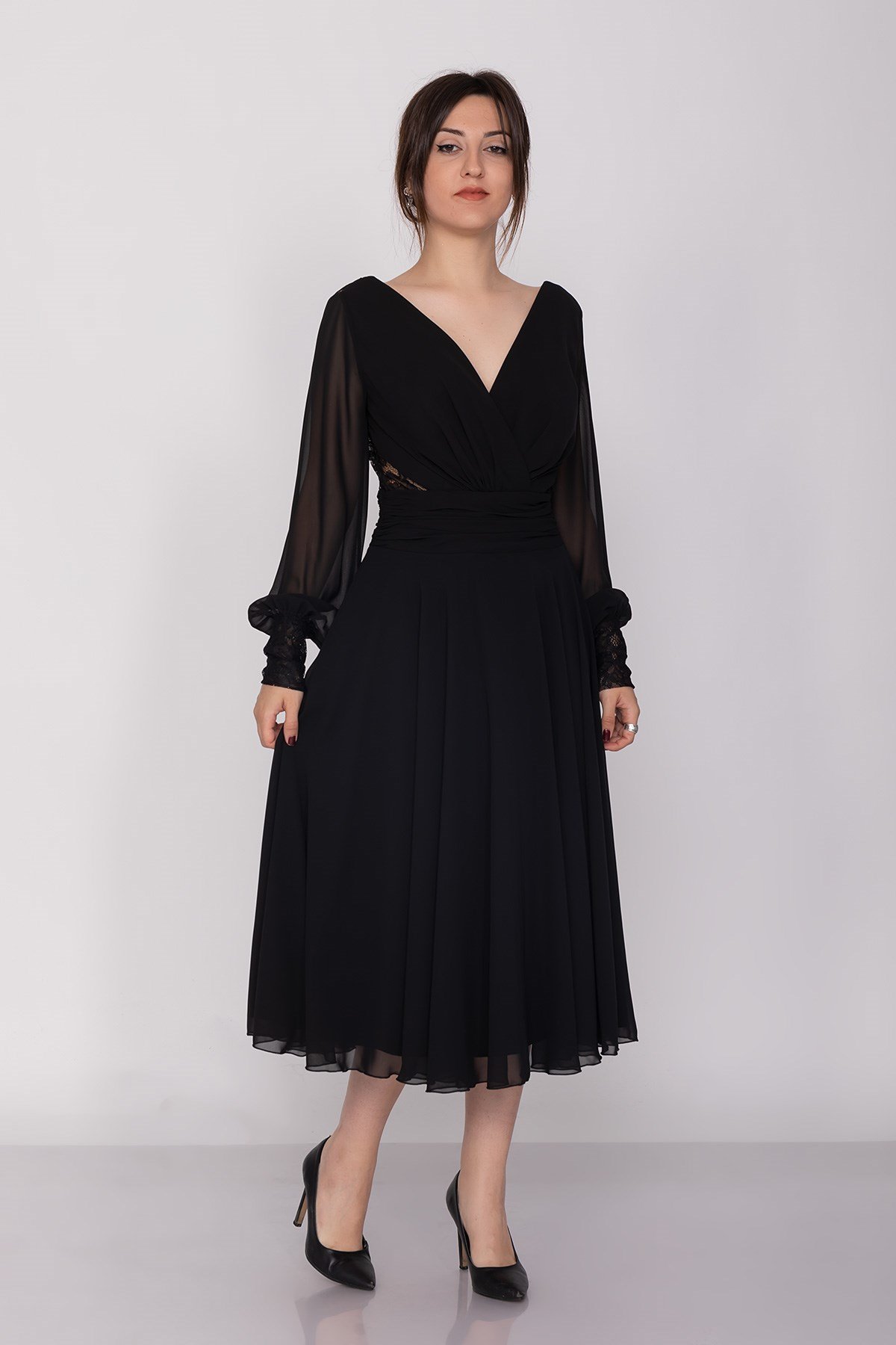 3043 Kruvaze Yaka Bel Sırt Dantel Uzun Kol Şifon Midiboy Elbise