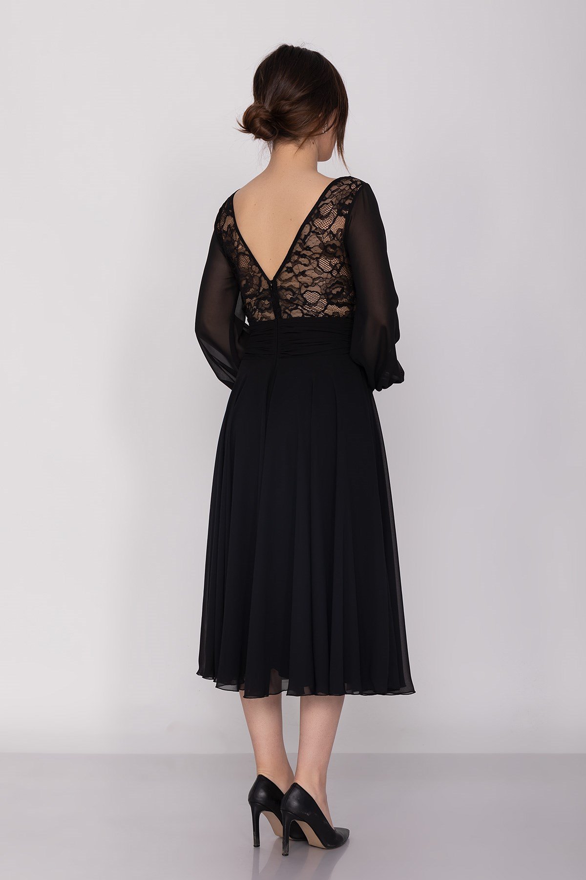 3043 Kruvaze Yaka Bel Sırt Dantel Uzun Kol Şifon Midiboy Elbise