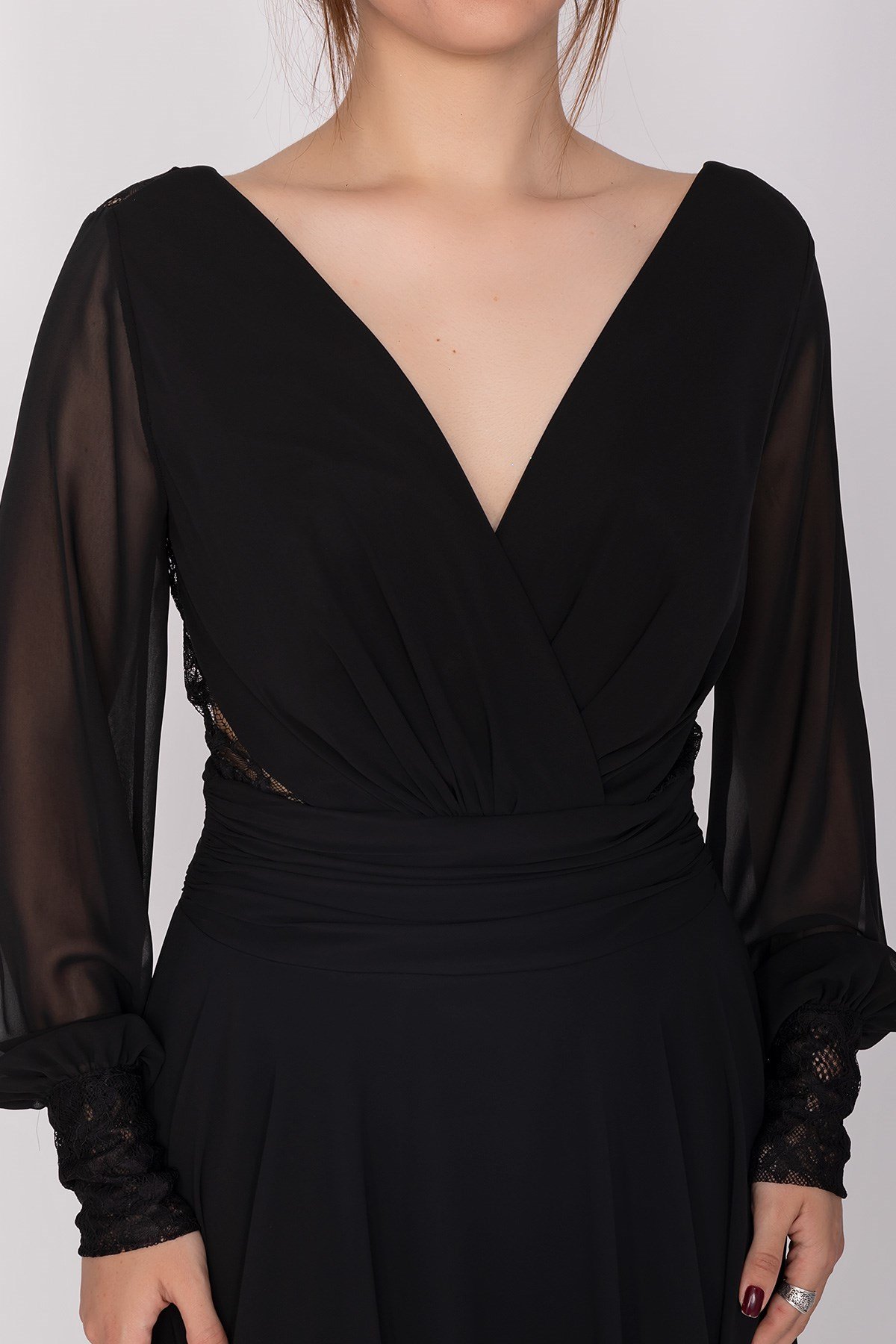 3043 Kruvaze Yaka Bel Sırt Dantel Uzun Kol Şifon Midiboy Elbise