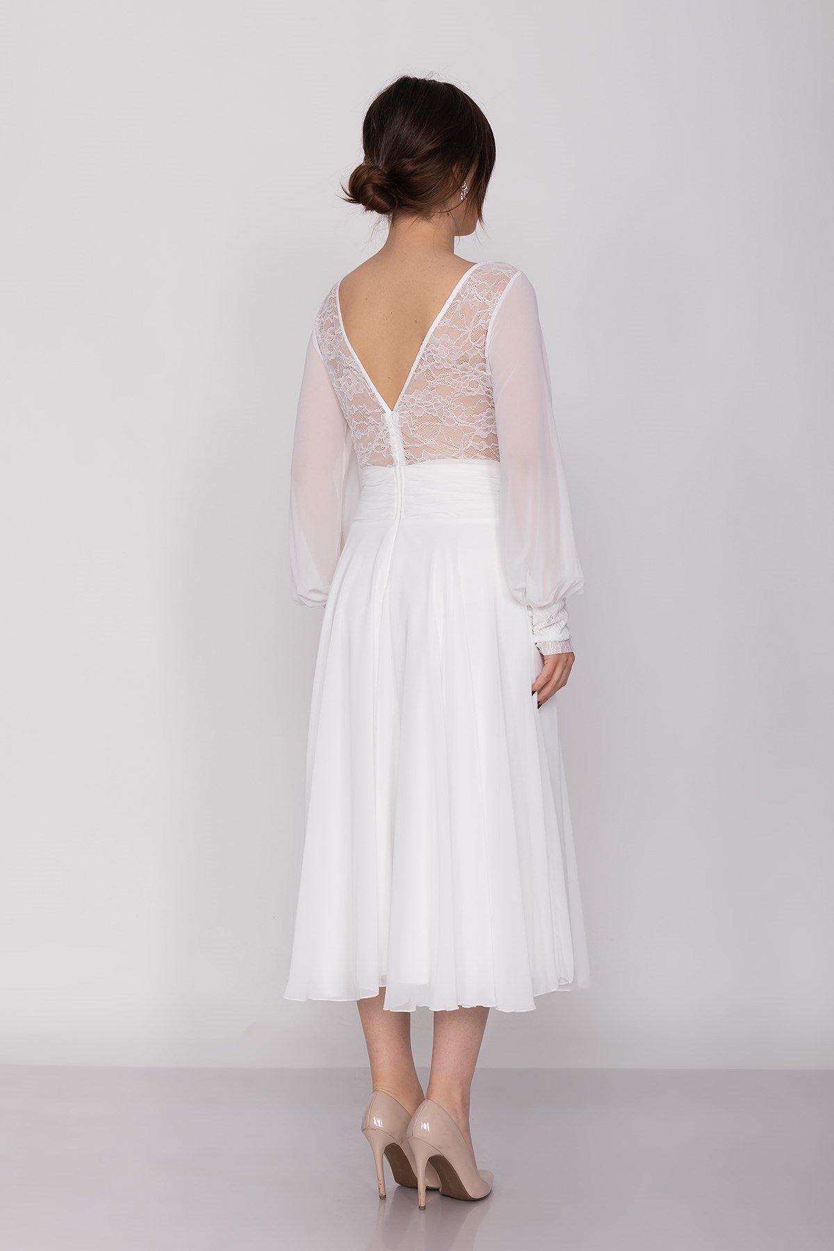 3043 Kruvaze Yaka Bel Sırt Dantel Uzun Kol Şifon Midiboy Elbise