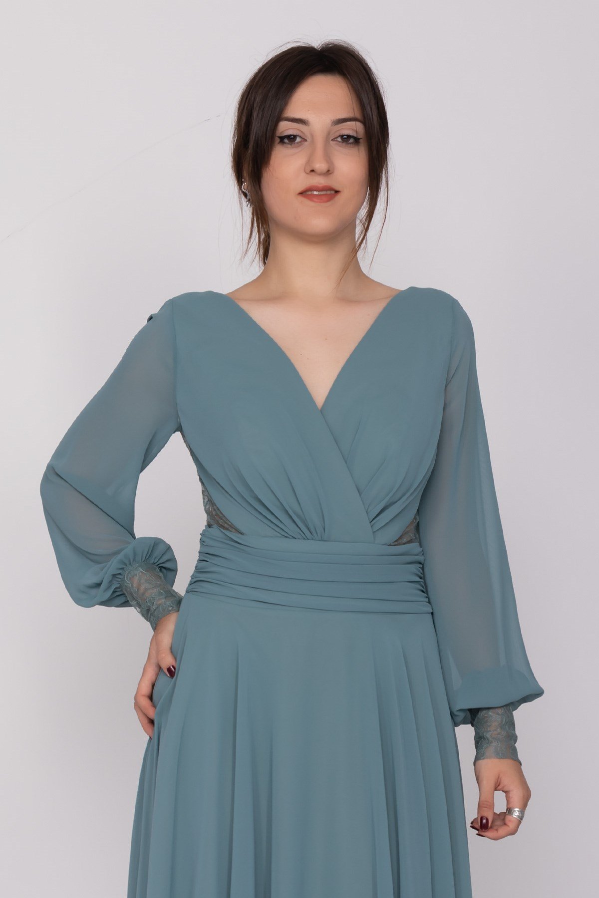 3043 Kruvaze Yaka Bel Sırt Dantel Uzun Kol Şifon Midiboy Elbise