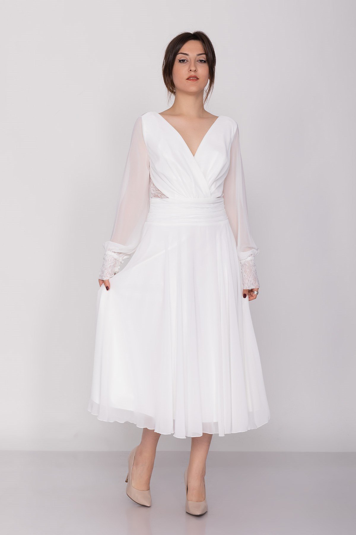 3043 Kruvaze Yaka Bel Sırt Dantel Uzun Kol Şifon Midiboy Elbise