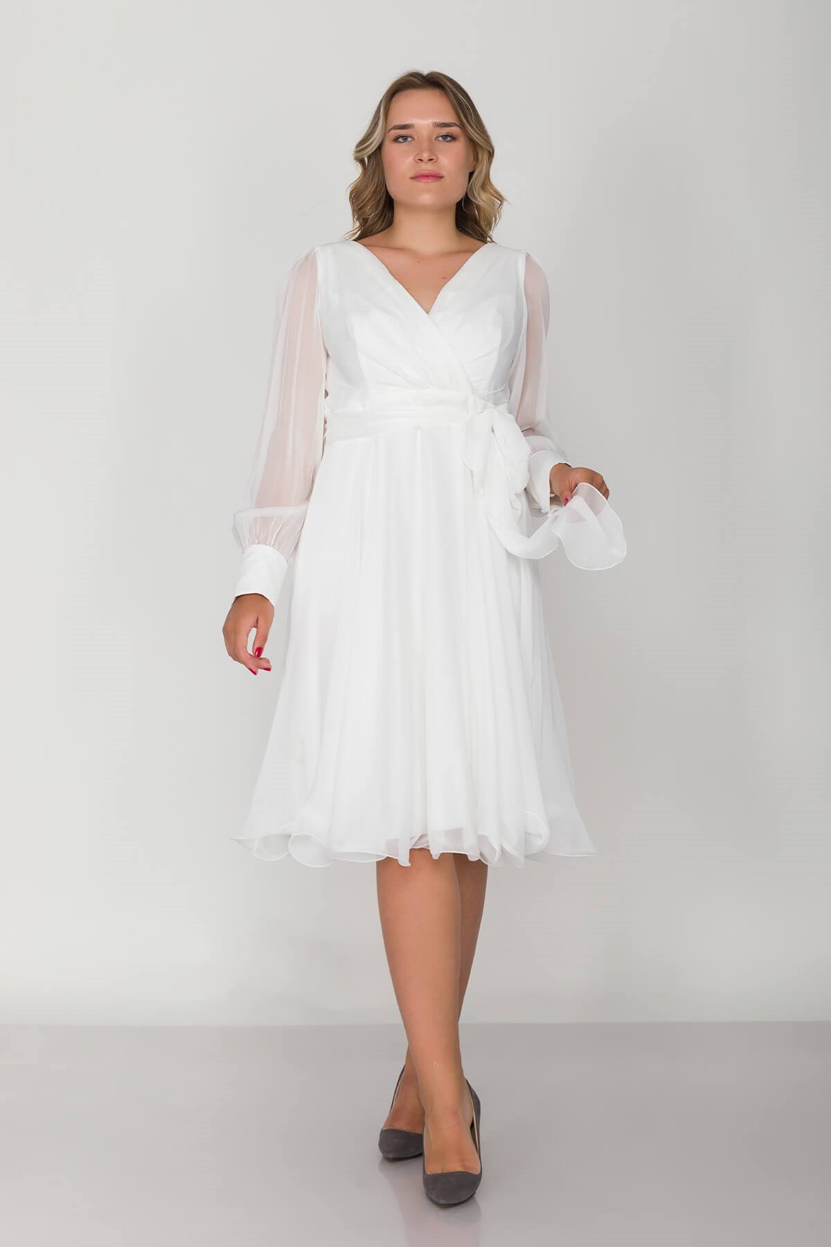 3050 Büyük Beden İpek Saten Kruvaze Yaka Uzun Tül Kol Kısa Kloş Elbise