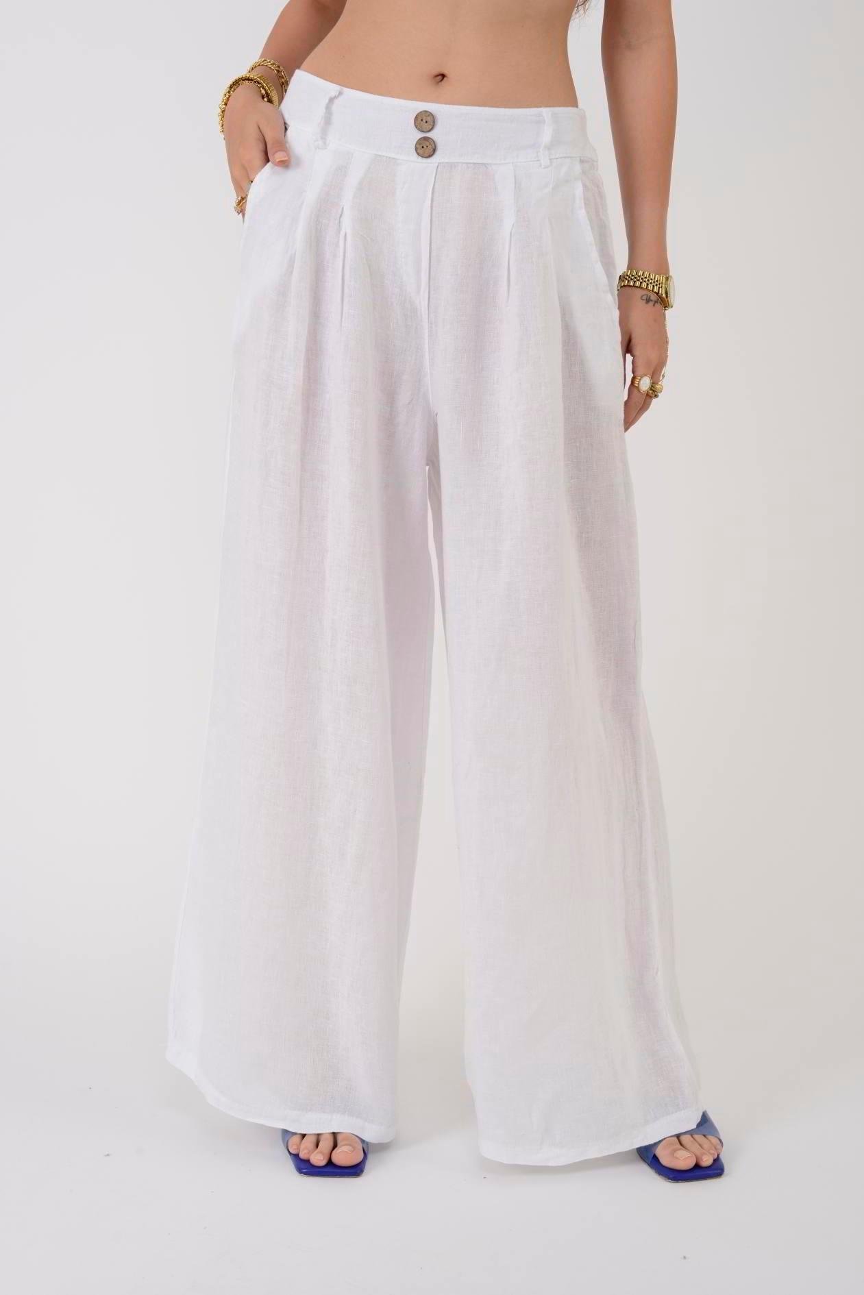 30550 Düz Desen Düğme Detaylı Keten Pantolon