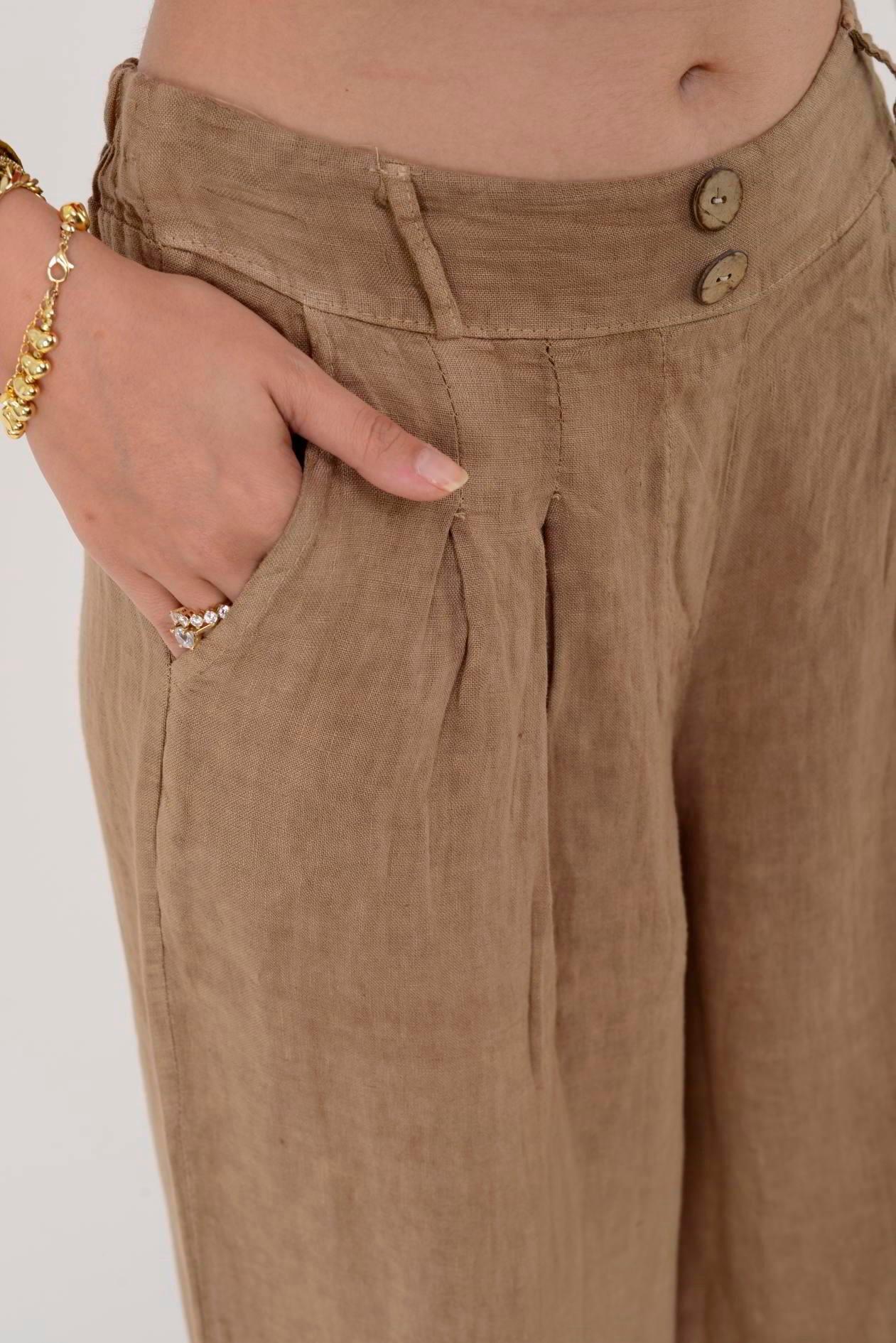 30550 Düz Desen Düğme Detaylı Keten Pantolon