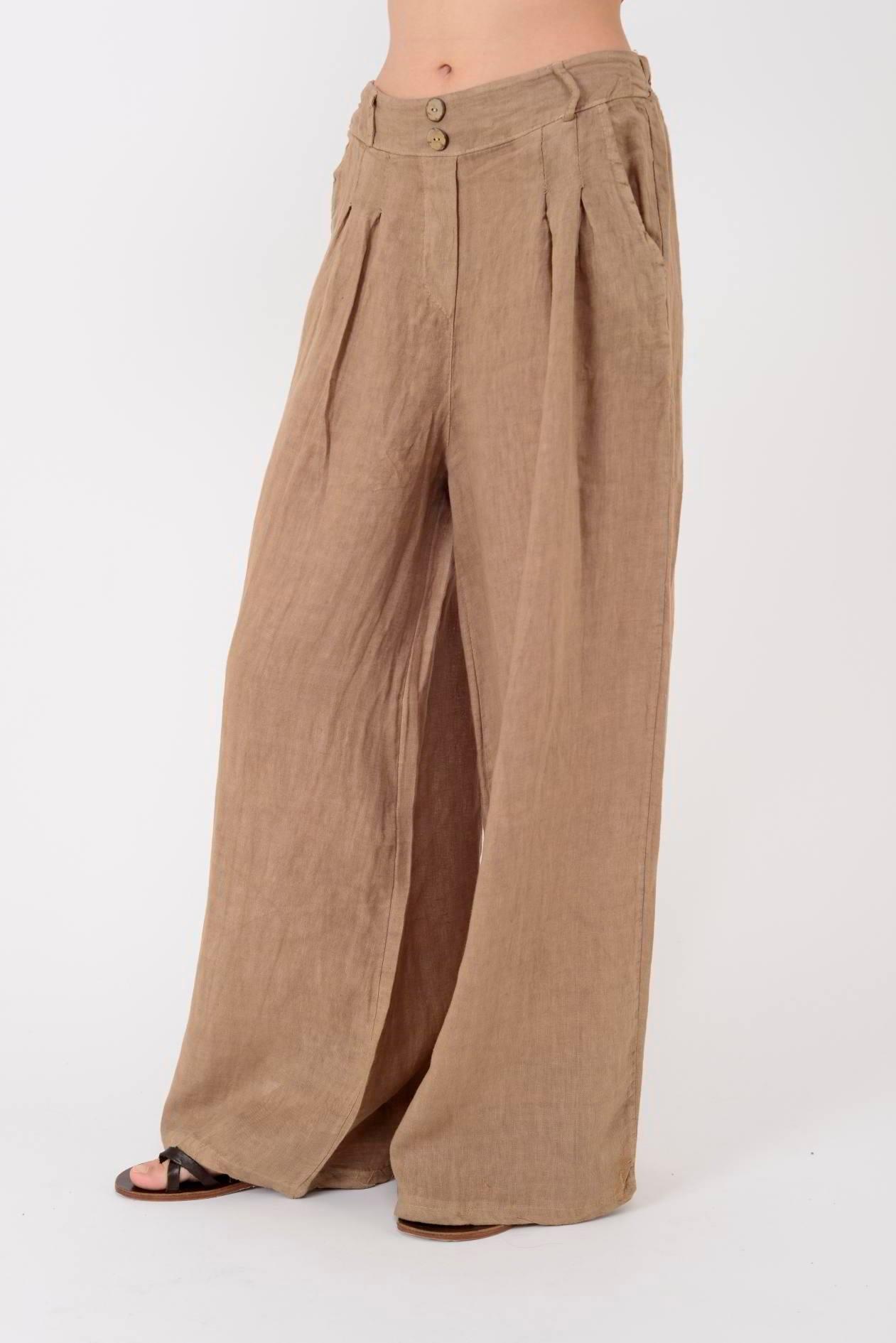 30550 Düz Desen Düğme Detaylı Keten Pantolon