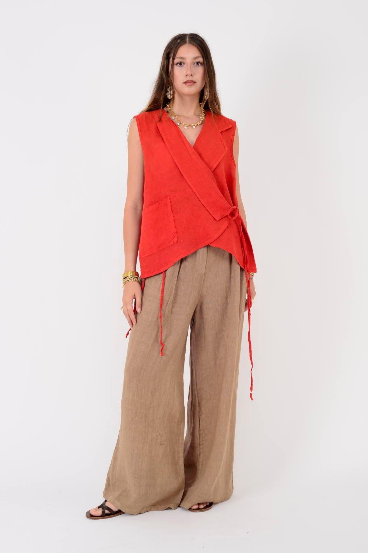 30550 Düz Desen Düğme Detaylı Keten Pantolon