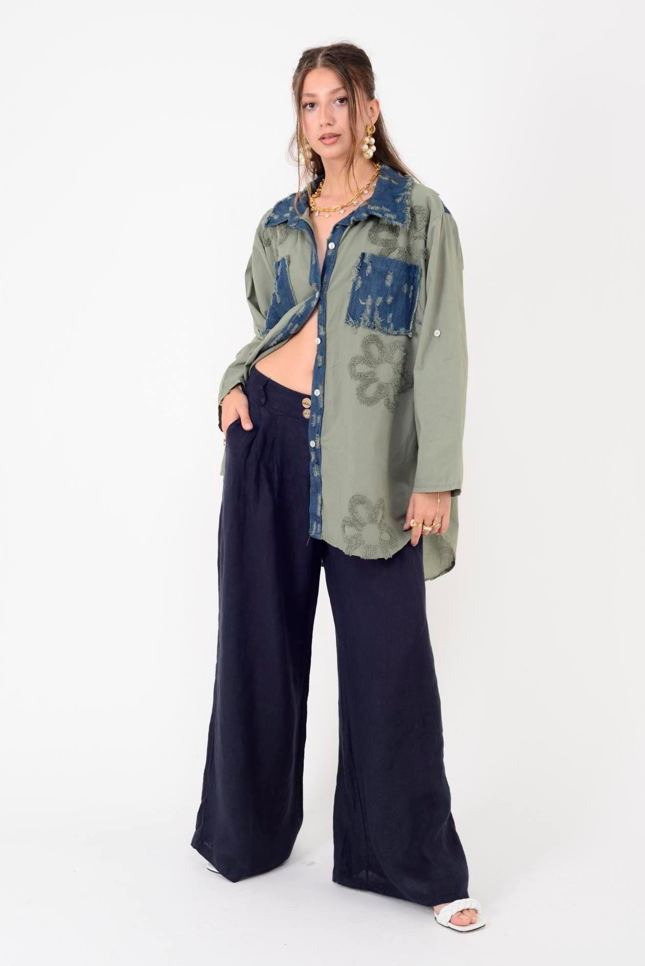 30550 Düz Desen Düğme Detaylı Keten Pantolon