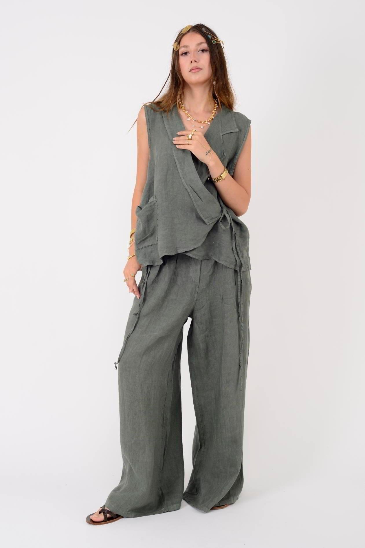 30550 Düz Desen Düğme Detaylı Keten Pantolon